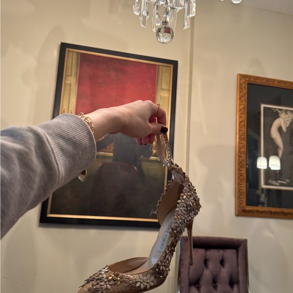 Jimmy Choo NWOT Lorelei Limited Edition Gold-Leather Flowers-Swarovski D’Orsay - Picture 7 of 14